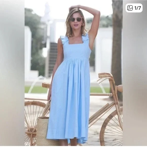 LAKE Lolly Midi Dress in Morning Blue Dotted Swiss - Picture 1 of 5